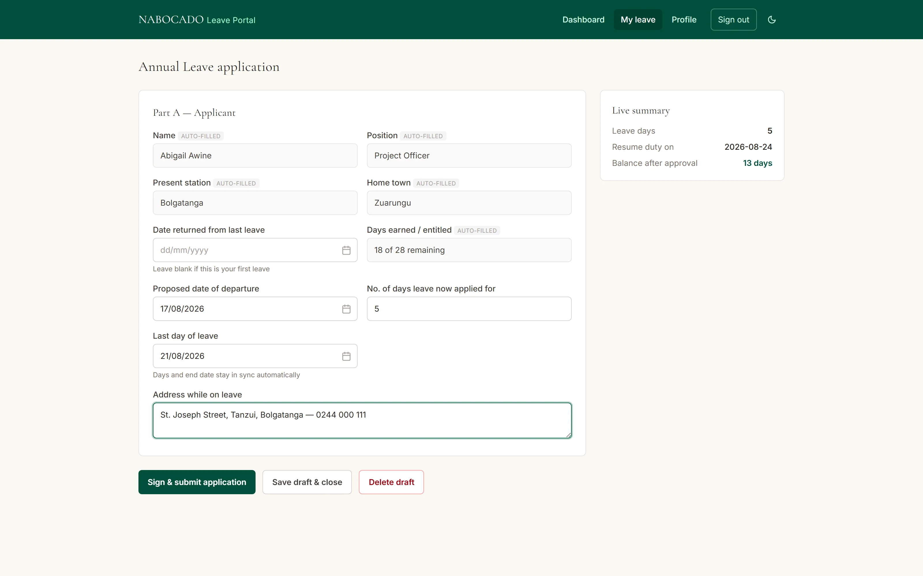 Leave request form with date range, leave type, and balance summary